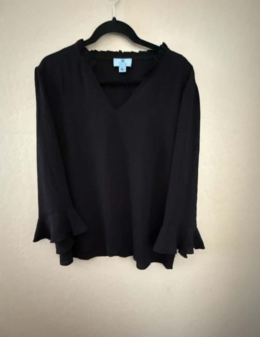 CeCe Women's V-Neck Blouse with Ruffled Neckline and Bell Sleeves, Black